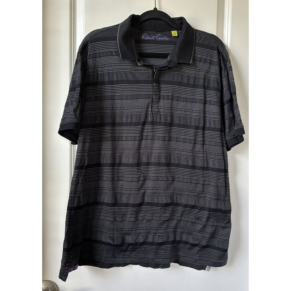 Robert Graham Polo Shirt Mens XL Black Stripe Geometric Cotton Classic Fit SS